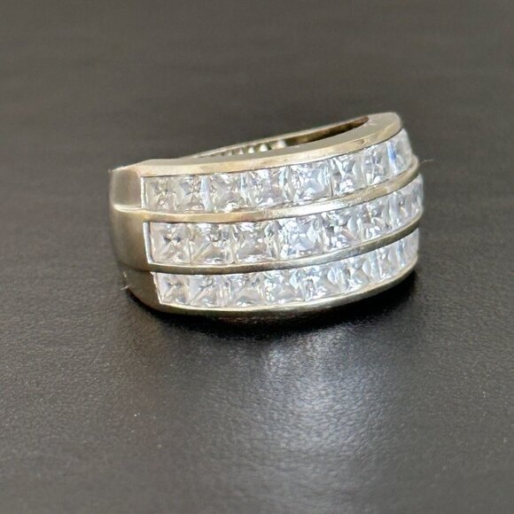14K White Gold Three Row Clear CZ Wide Chunky Statement Band Ring Size 6.75 - Picture 11 of 12